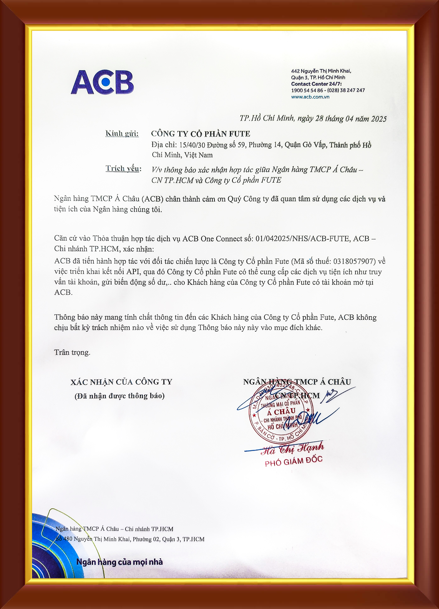 Công văn hợp tác ACB và FUTE