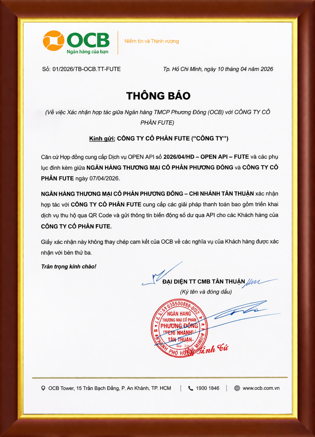 Công văn hợp tác OCB và FUTE