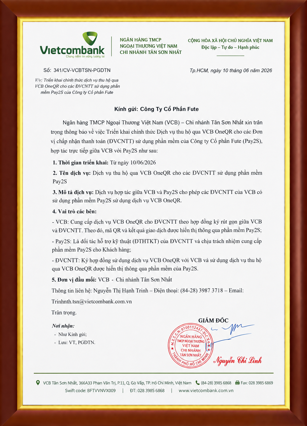 Công văn hợp tác Vietcombank và FUTE