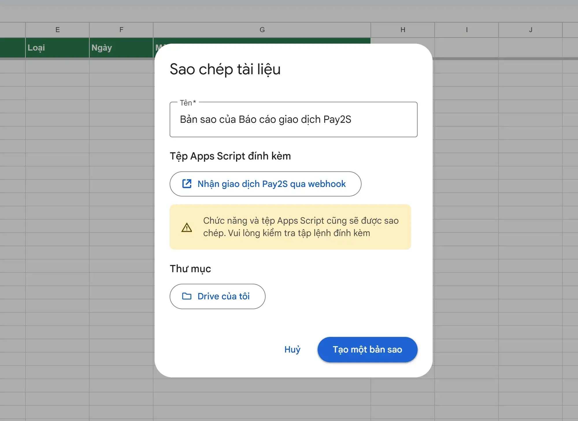 Tạo một bản sao Google Sheet