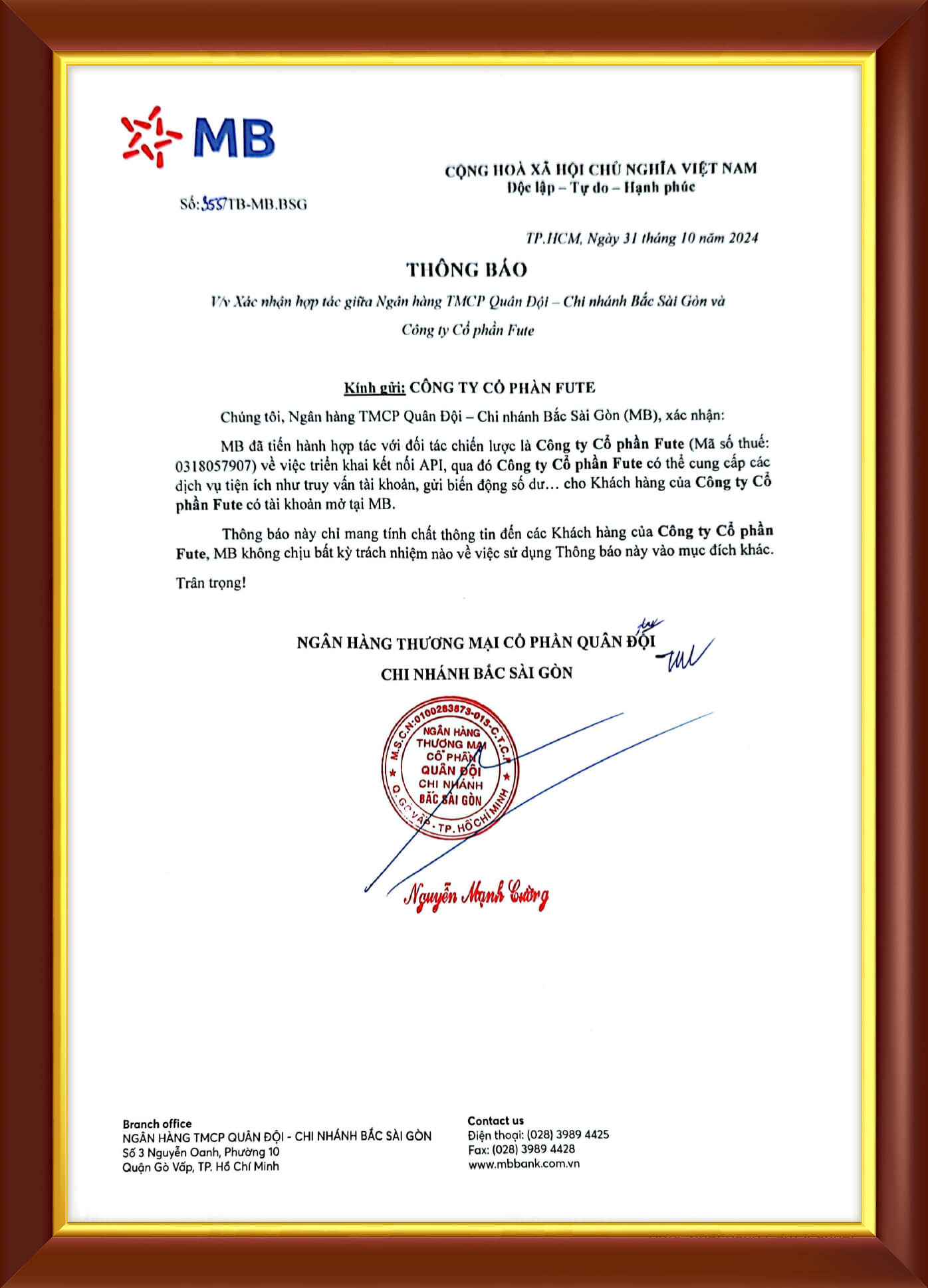 Giấy chứng nhận MB Bank