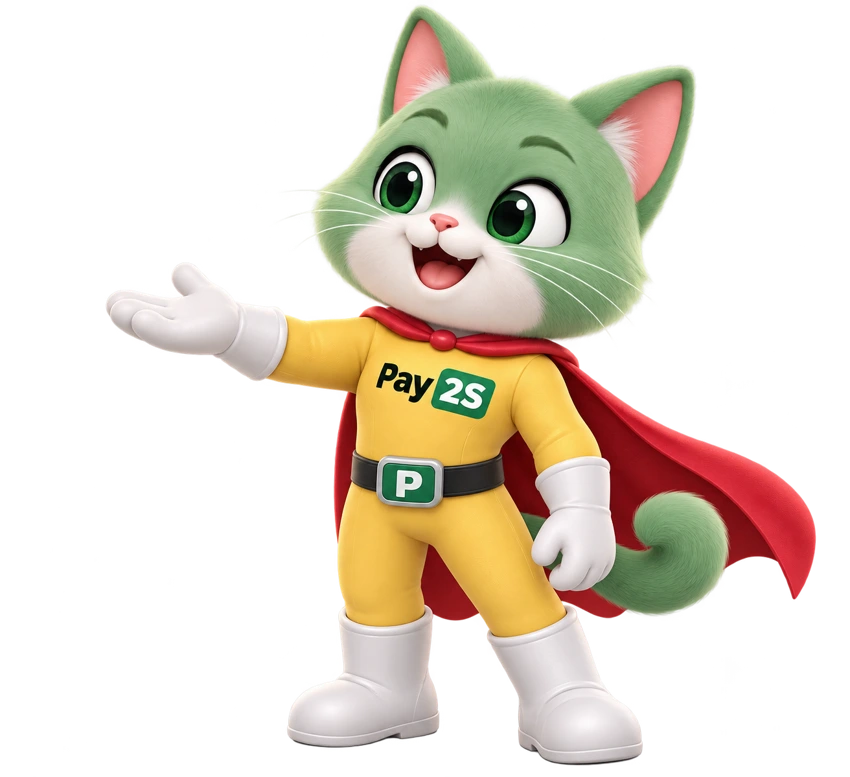 Linh vật Pay2S: mèo xanh mặc đồ vàng, áo choàng đỏ đang chào đón