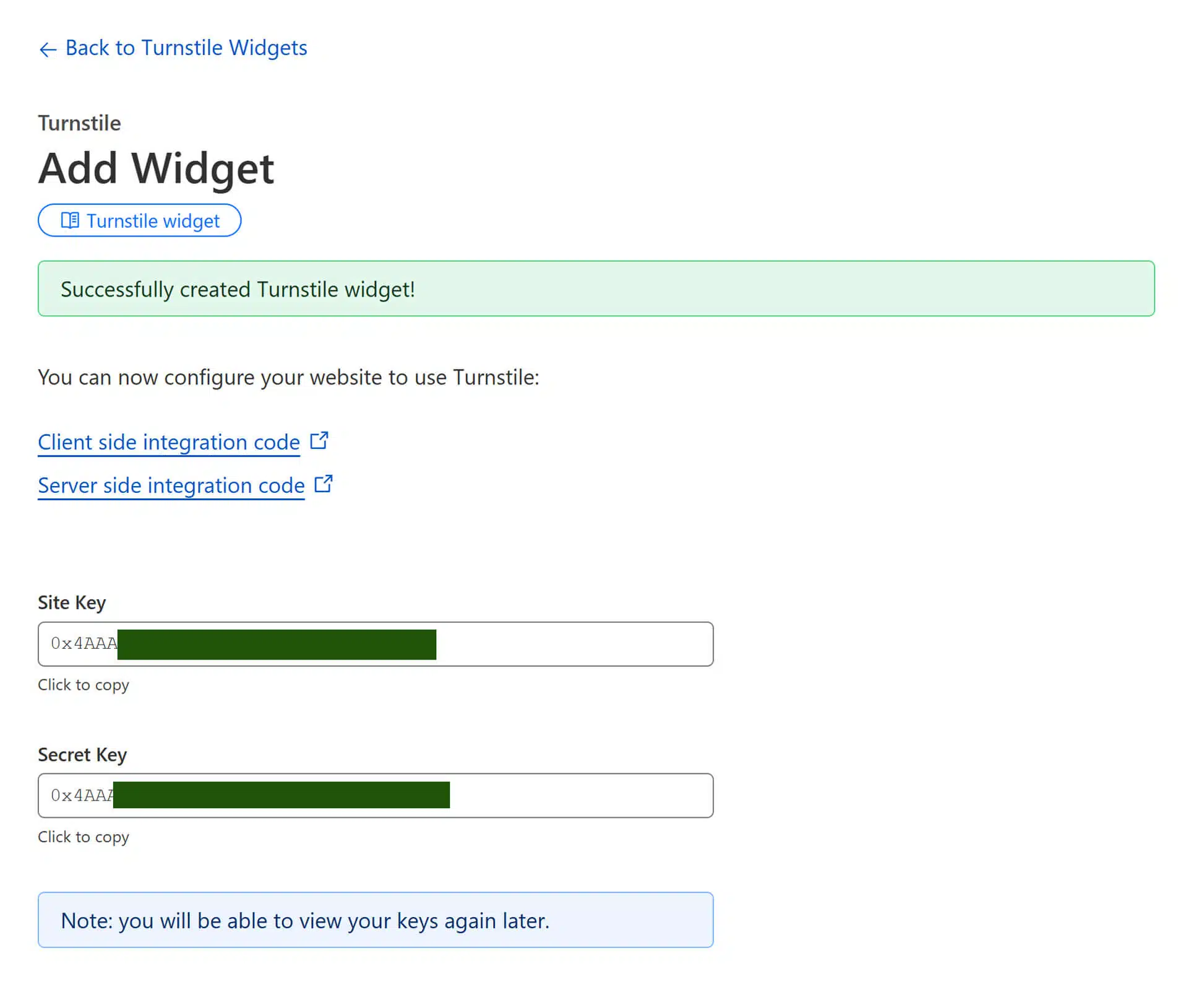 site key và secret key widget Cloudflare Turnstile