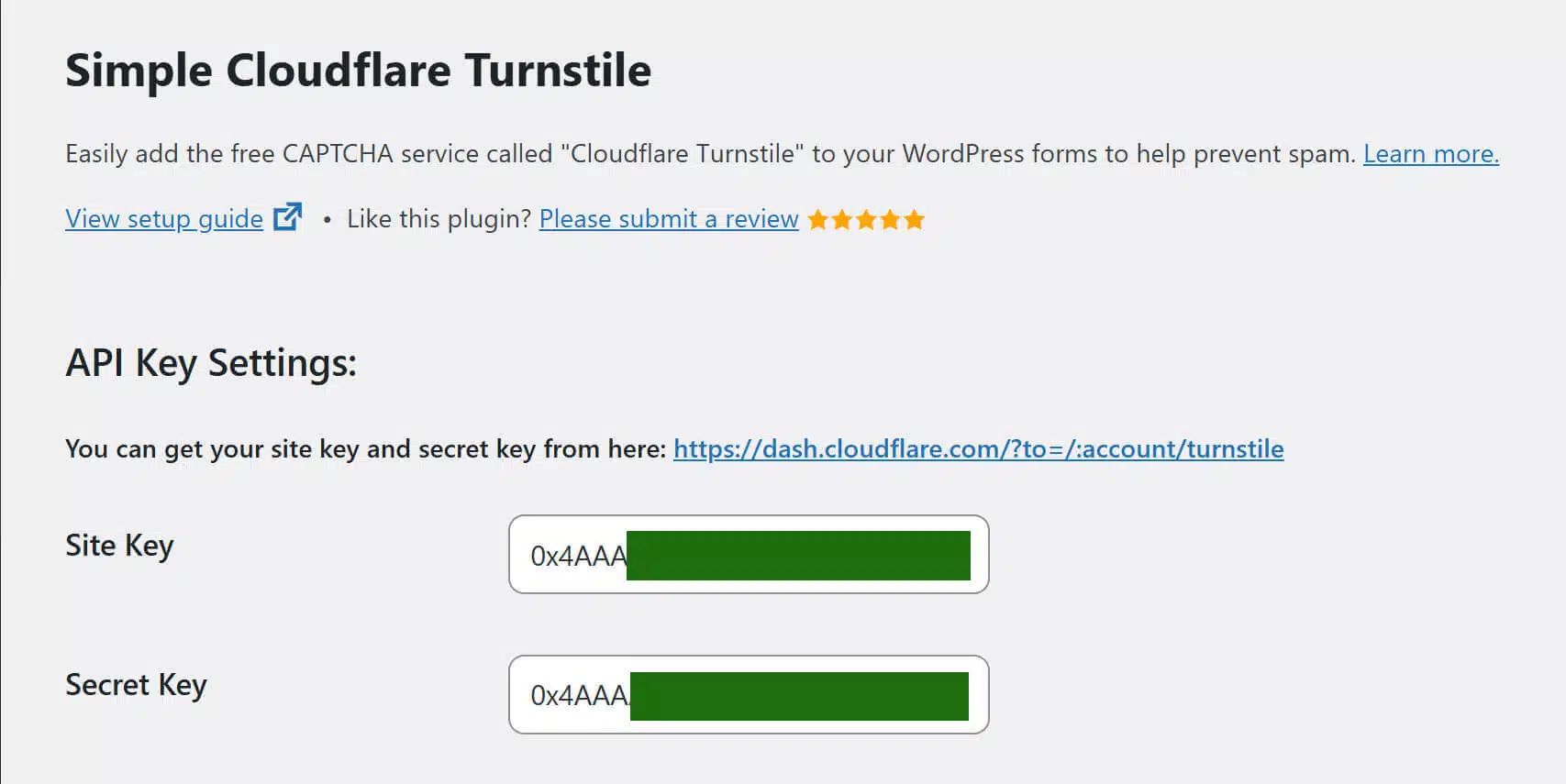 Thêm Site key và Secret key vào plugin Simple Cloudflare Turnstile