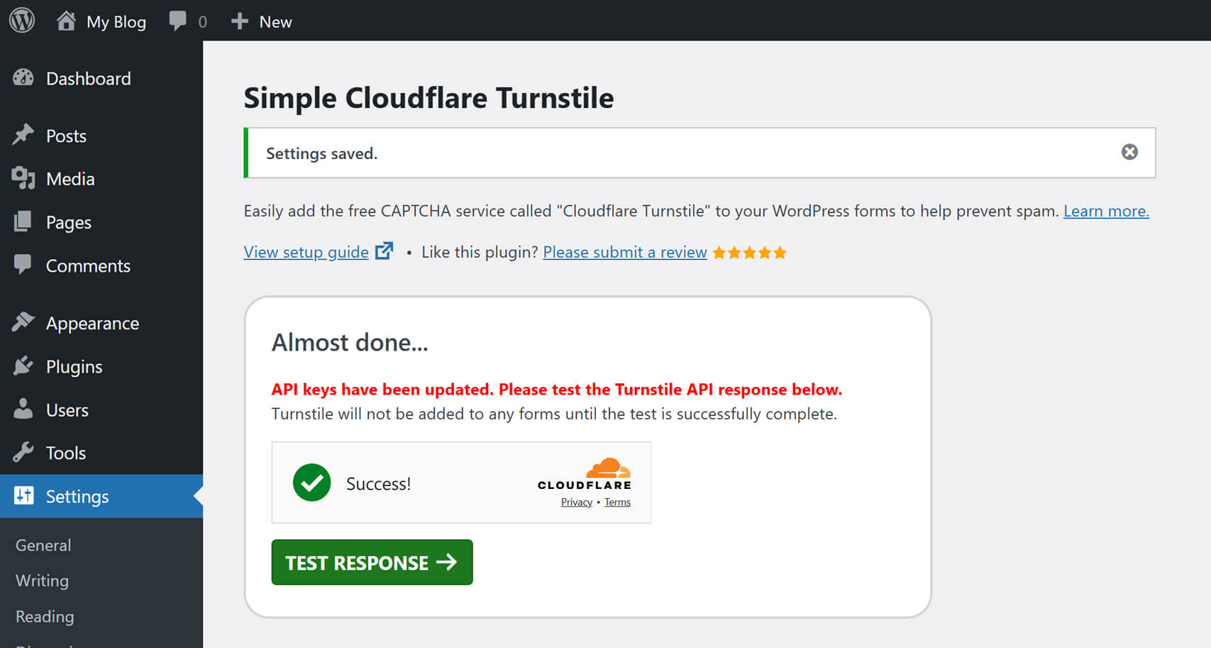 Kiểm tra Turnstile API sau khi cấu hình plugin