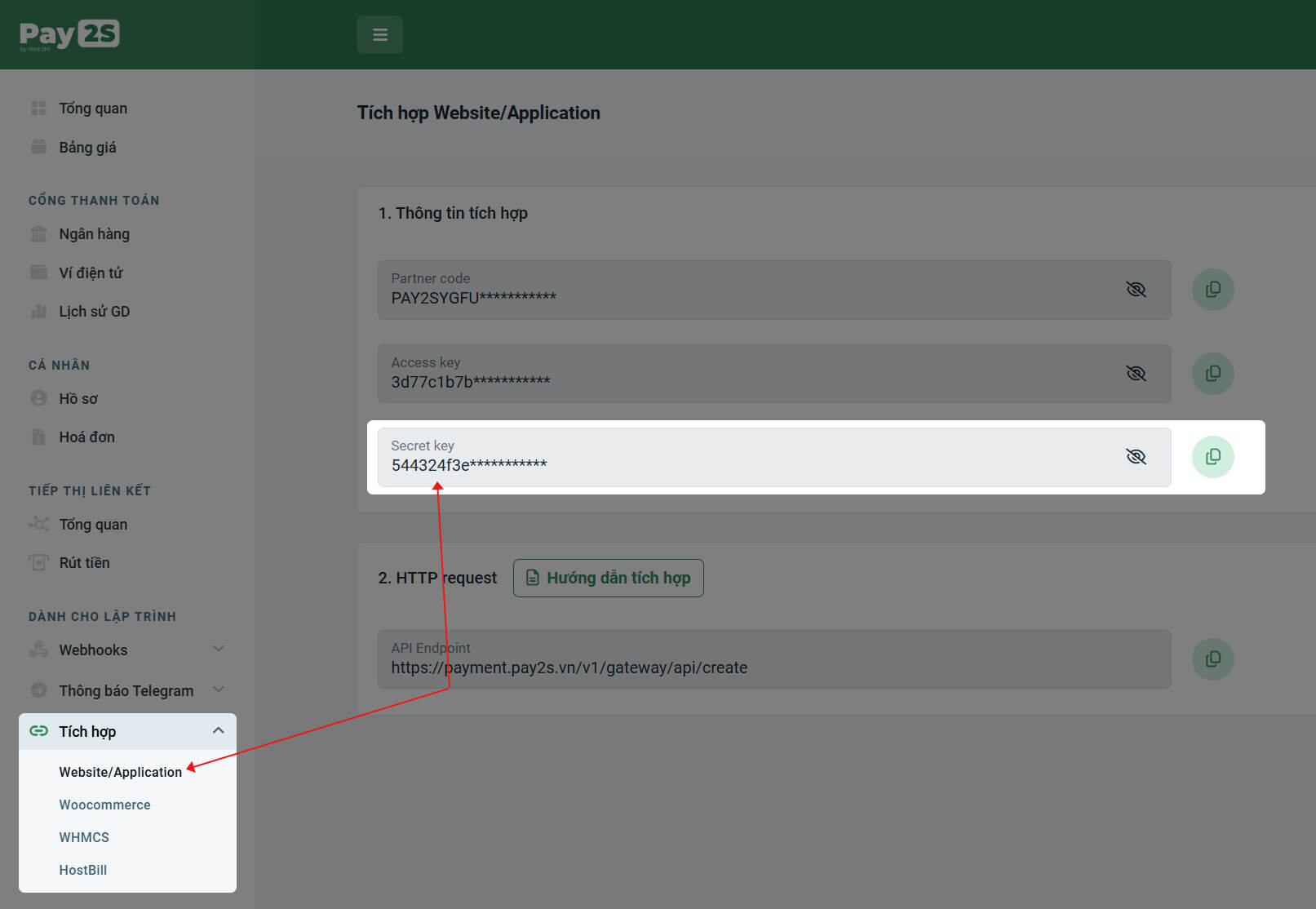 Thông tin tích hợp Pay2S vào  Website - Application